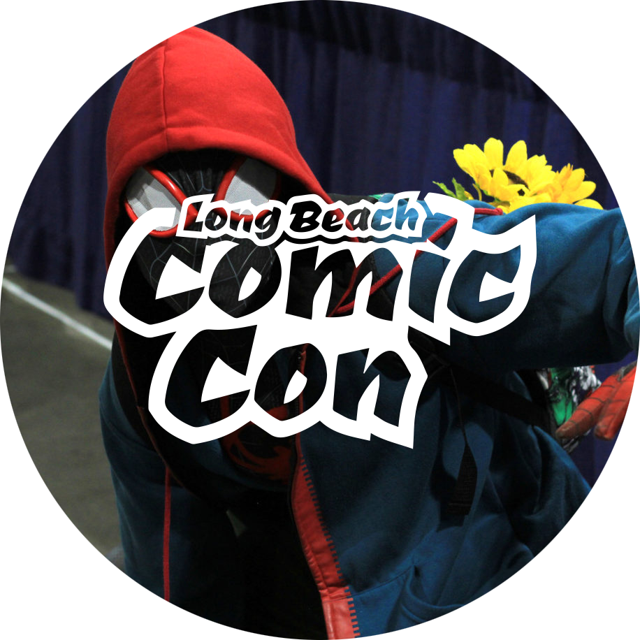 Comic con logo with a background image of a cosplayer at Long Beach Comic Con dressed as Spiderman (Miles Morales) from MARVEL Comic and animated movie of Spiderverse (2018)