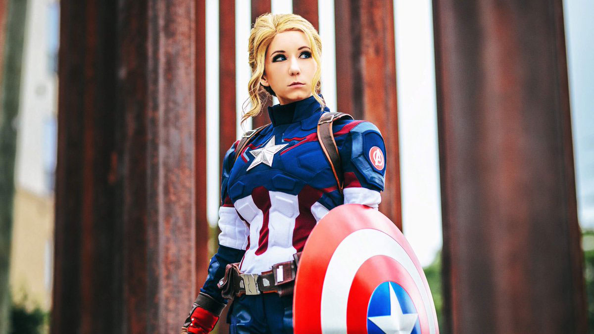 Marvel comic male hero Captain America, but gender swap to a female